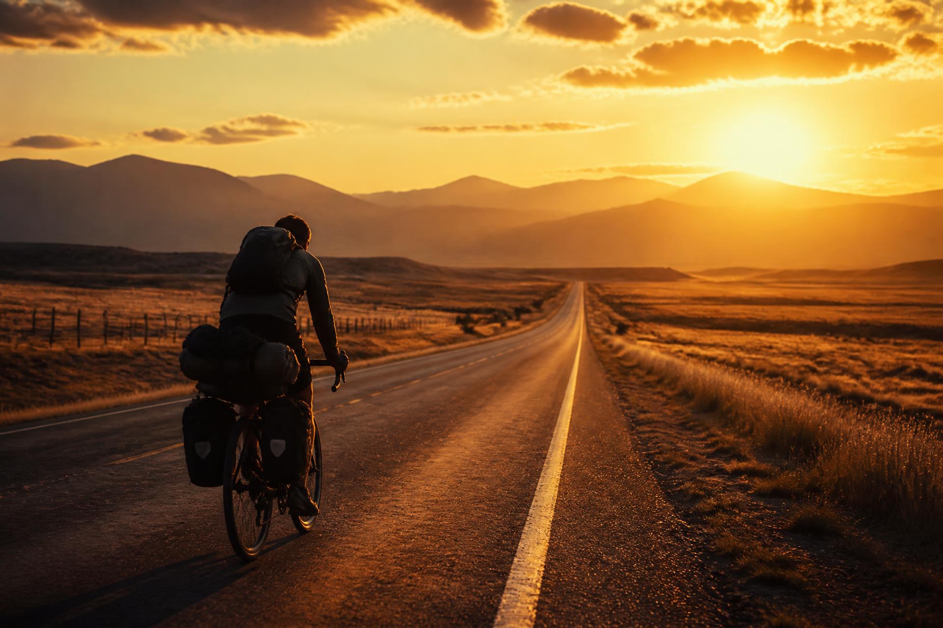 Lone touring cyclist on an open highway at golden hour with mountains in the distance