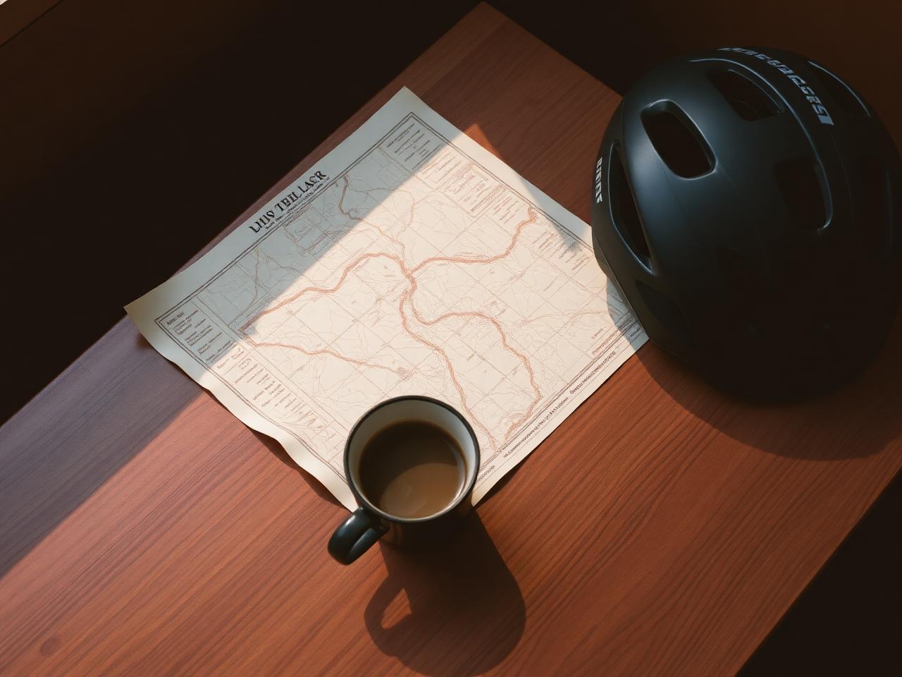 A weathered paper map, a bike helmet, and a coffee cup on a wooden table in morning light